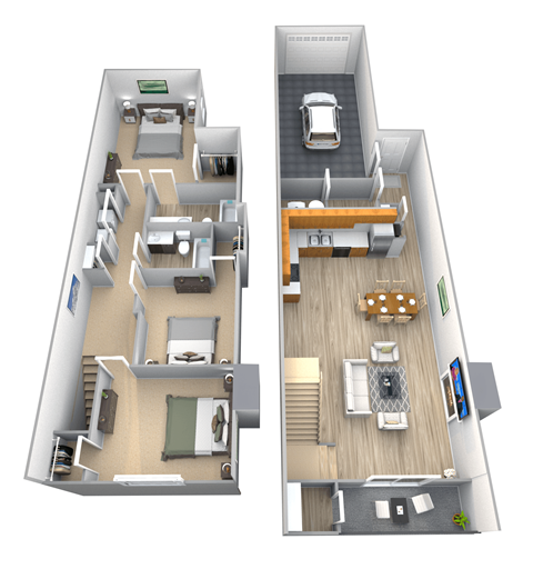 A floor plan of a two-story apartment with a garage on the first floor and a living area on the second floor.